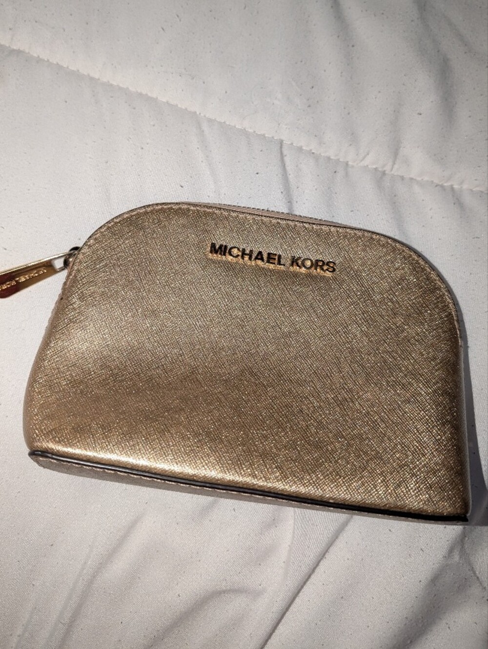 Michael Kors Metallic Gold Saffiano Leather Cosmetic Pouch / Zip Wallet
